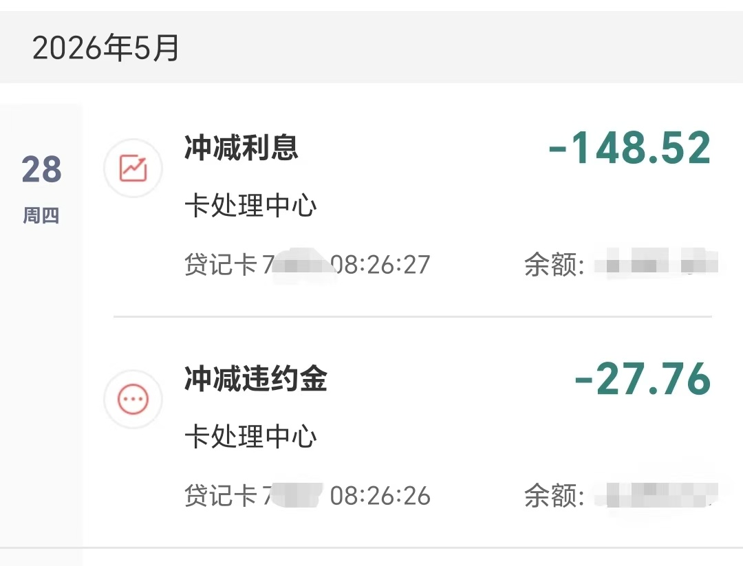 脱敏后的银行冲减利息与违约金记录截图